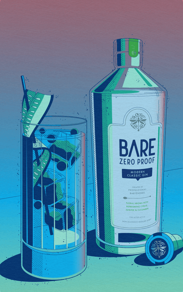 Illustration of a Bottle of BARE ZERO PROOF® Modern Classic Gin and a cocktail