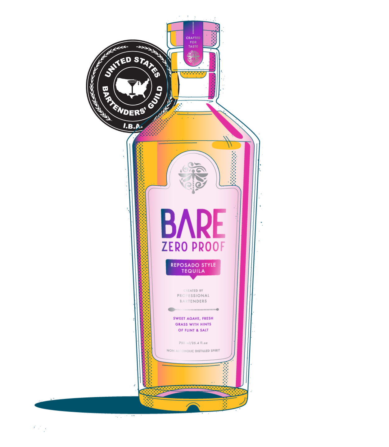Illustration of a BARE ZERO PROOF Reposado Style Tequila bottle with a