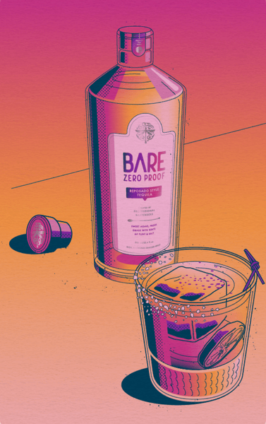 Illustration of a Bottle of BARE ZERO PROOF® Reposado Style Tequila and a cocktail
