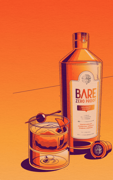Illustration of a Bottle of BARE ZERO PROOF® Bourbon Whiskey and a cocktail