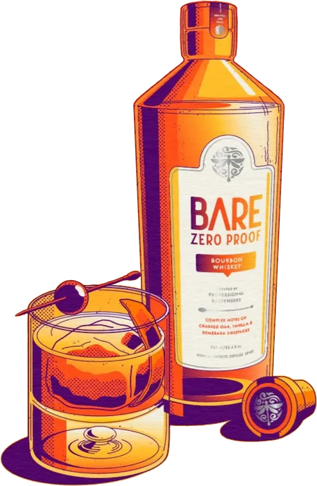 An illustration of BARE ZERO PROOF® Bourbon Whiskey and a cocktail glass.